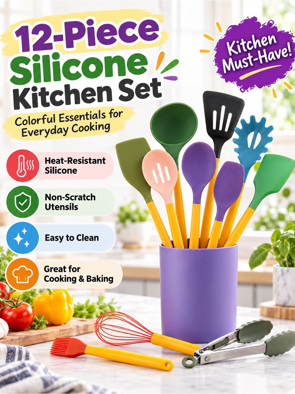 12-Piece Silicone Kitchen Utensil Set - Purple & Multicolor
